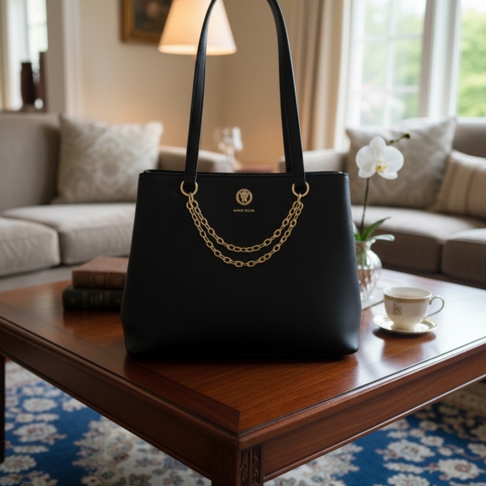 👜 Anne Klein Black Faux Leather Tote - Gold Chain Hardware